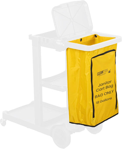 Janitor CART Bag ONLY: Clean Tek Professional 18 Gallon Janitorial Bag, 1 Heavy-Duty Receptacle with Zipper - Janitor Cart Sold Separately, Durable, Yellow Plastic Replacement