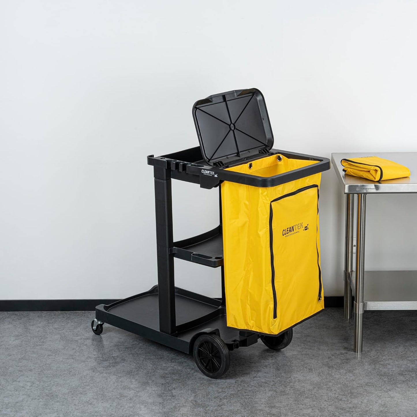 Janitor CART Bag ONLY: Clean Tek Professional 18 Gallon Janitorial Bag, 1 Heavy-Duty Receptacle with Zipper - Janitor Cart Sold Separately, Durable, Yellow Plastic Replacement