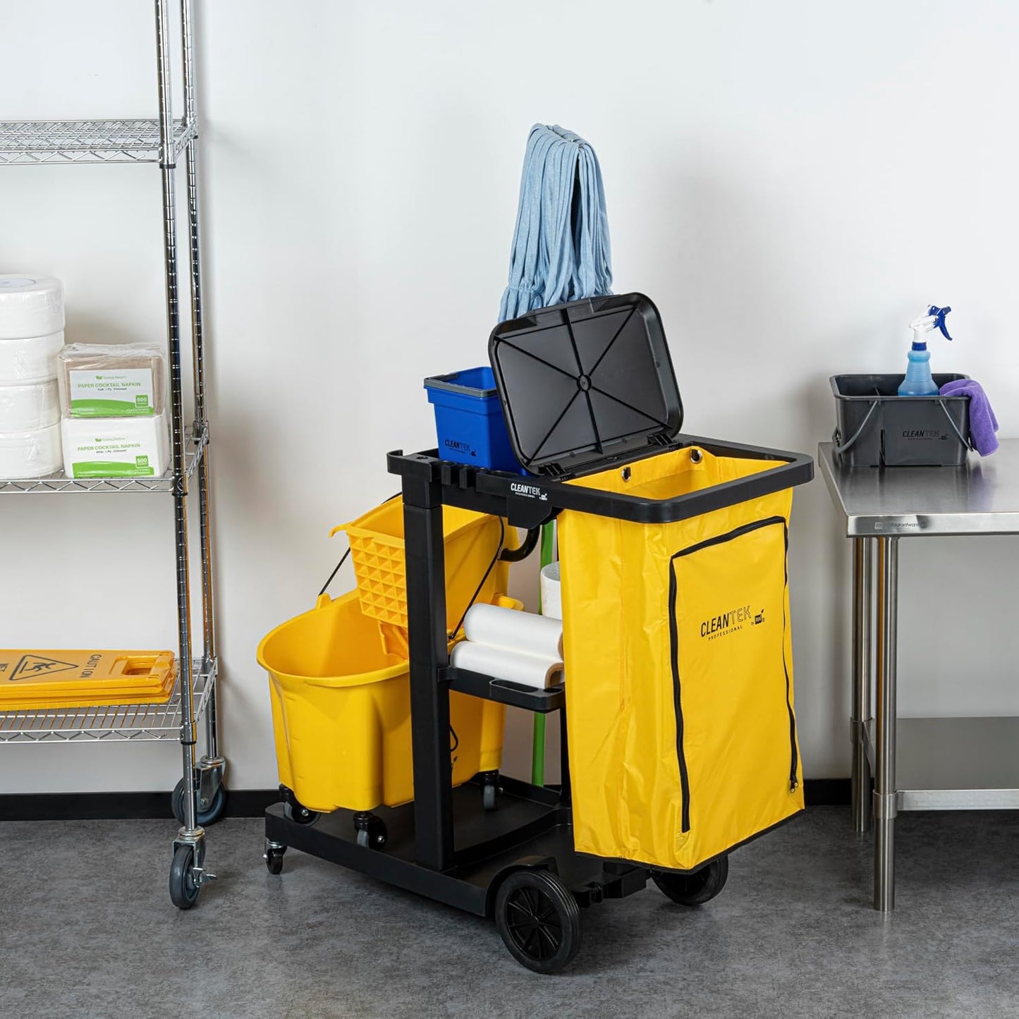 Janitor CART Bag ONLY: Clean Tek Professional 18 Gallon Janitorial Bag, 1 Heavy-Duty Receptacle with Zipper - Janitor Cart Sold Separately, Durable, Yellow Plastic Replacement