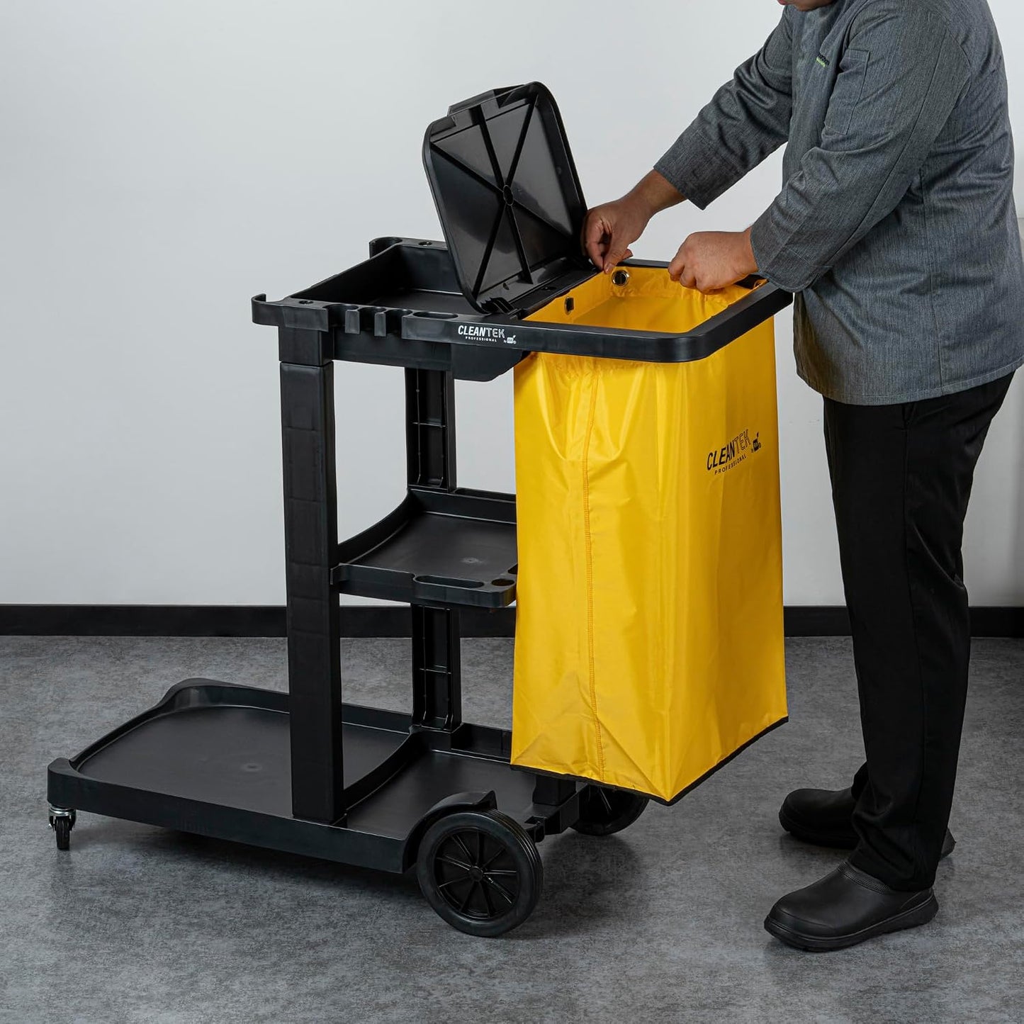 Janitor CART Bag ONLY: Clean Tek Professional 18 Gallon Janitorial Bag, 1 Heavy-Duty Receptacle with Zipper - Janitor Cart Sold Separately, Durable, Yellow Plastic Replacement