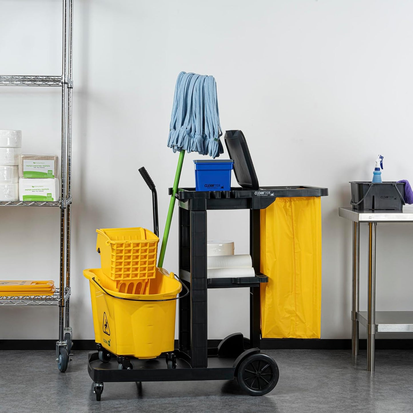 Janitor CART Bag ONLY: Clean Tek Professional 18 Gallon Janitorial Bag, 1 Heavy-Duty Receptacle with Zipper - Janitor Cart Sold Separately, Durable, Yellow Plastic Replacement
