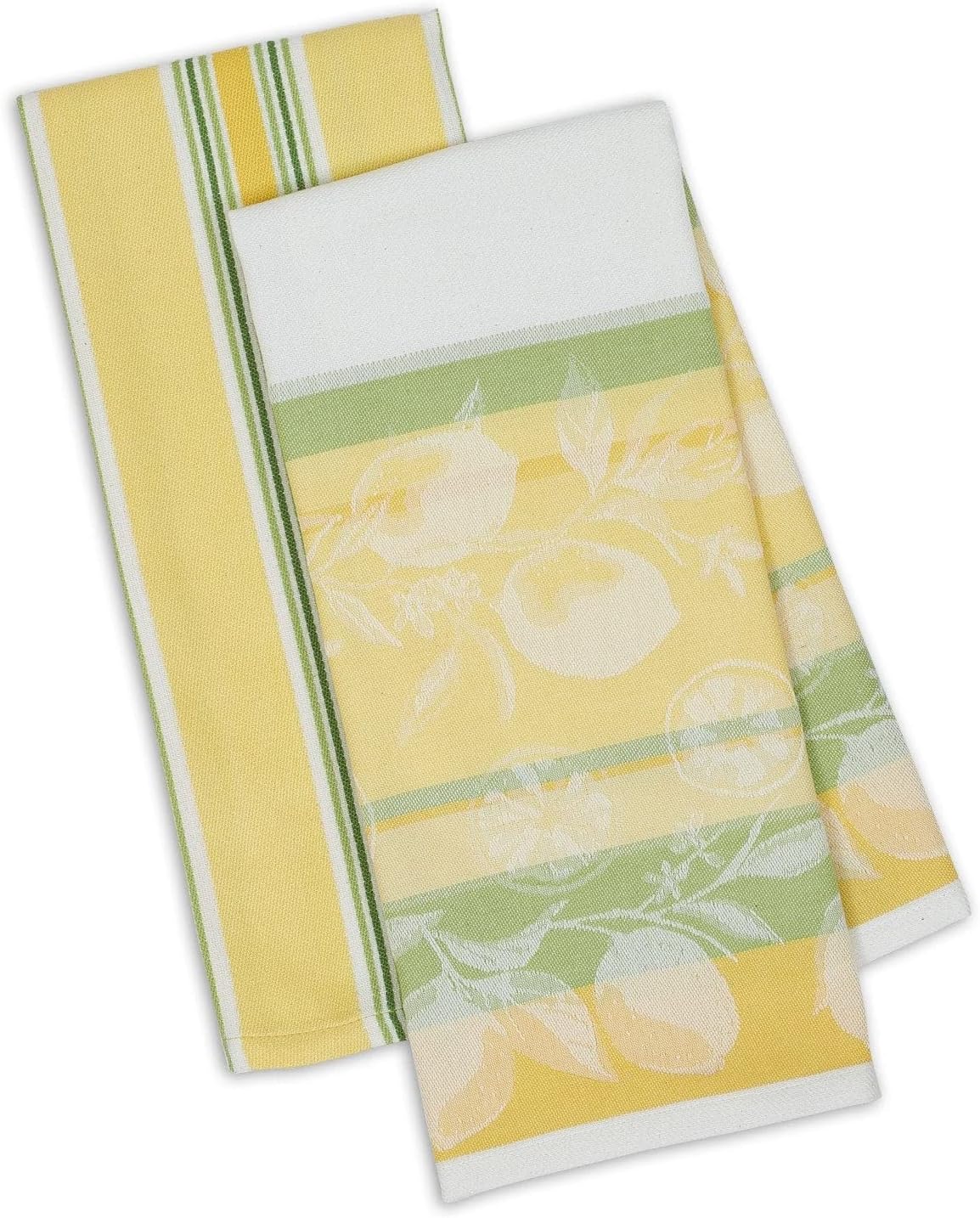 Kitchen Dish Towel Set 2 Riviera Lemons Yellow Green Includes 1 Lemon Print & 1 Stripe