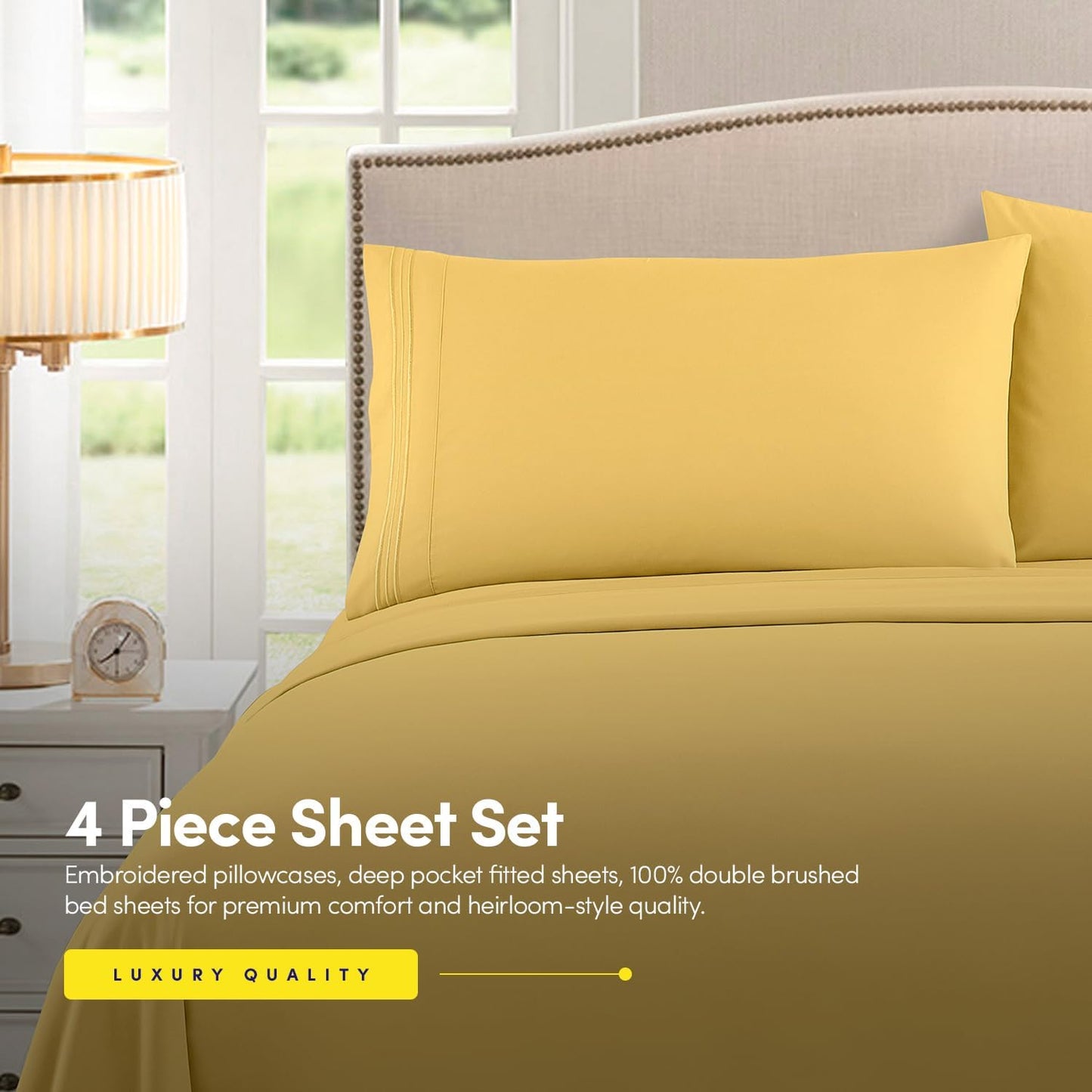 1500 Supreme Collection Queen Sheet Sets Yellow - Luxury Hotel Bed Sheets and Pillowcase Set for Queen Mattress - Extra Soft, Elastic Corner Straps, Deep Pocket Sheets, Queen Yellow
