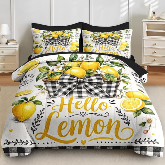 Comforter Set Full Size, Lemon Farmhouse Yellow 7 Pcs Bedding for Kids and Adults, Floral Plaid Bed Sheet Sets with Fitted Sheet 2 Pillowcases & 2 Shams for Bedroom Bed Decor