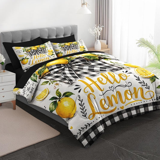Comforter Set Full Size, Lemon Farmhouse Yellow 7 Pcs Bedding for Kids and Adults, Floral Plaid Bed Sheet Sets with Fitted Sheet 2 Pillowcases & 2 Shams for Bedroom Bed Decor
