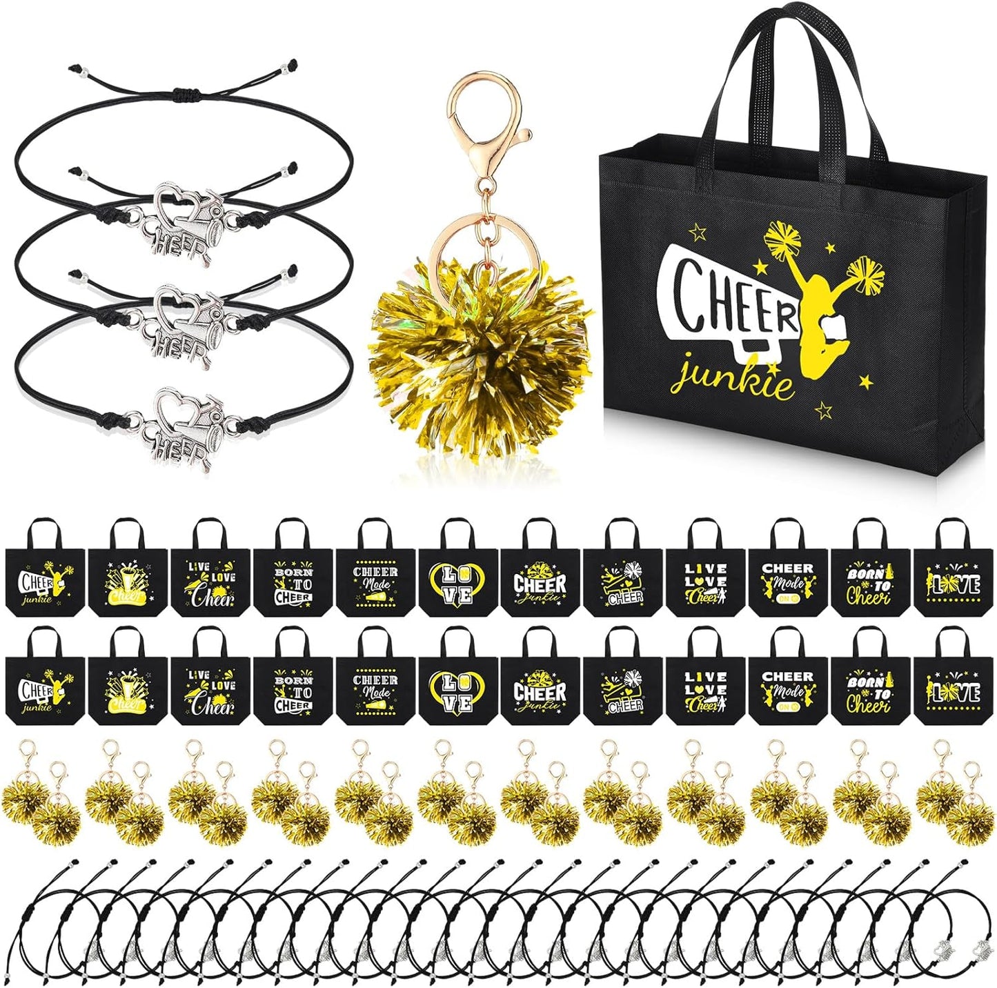 72 Pcs Yellow Cheerleading Gifts 24 Cheer Bags Portable 24 Pom Pom Keychain 24 Cheerleading Bracelet Canvas Makeup Bag Bulk Cheer Gifts Female Teammates Toiletries Accessories