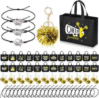 72 Pcs Yellow Cheerleading Gifts 24 Cheer Bags Portable 24 Pom Pom Keychain 24 Cheerleading Bracelet Canvas Makeup Bag Bulk Cheer Gifts Female Teammates Toiletries Accessories