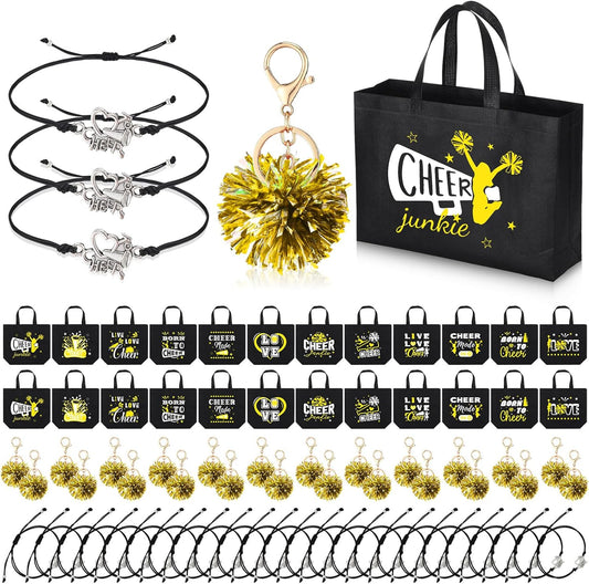 72 Pcs Yellow Cheerleading Gifts 24 Cheer Bags Portable 24 Pom Pom Keychain 24 Cheerleading Bracelet Canvas Makeup Bag Bulk Cheer Gifts Female Teammates Toiletries Accessories