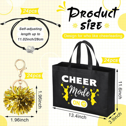 72 Pcs Yellow Cheerleading Gifts 24 Cheer Bags Portable 24 Pom Pom Keychain 24 Cheerleading Bracelet Canvas Makeup Bag Bulk Cheer Gifts Female Teammates Toiletries Accessories