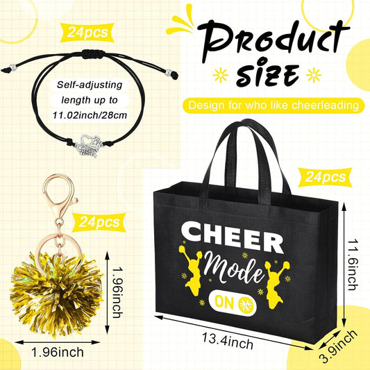 72 Pcs Yellow Cheerleading Gifts 24 Cheer Bags Portable 24 Pom Pom Keychain 24 Cheerleading Bracelet Canvas Makeup Bag Bulk Cheer Gifts Female Teammates Toiletries Accessories