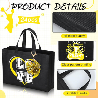 72 Pcs Yellow Cheerleading Gifts 24 Cheer Bags Portable 24 Pom Pom Keychain 24 Cheerleading Bracelet Canvas Makeup Bag Bulk Cheer Gifts Female Teammates Toiletries Accessories