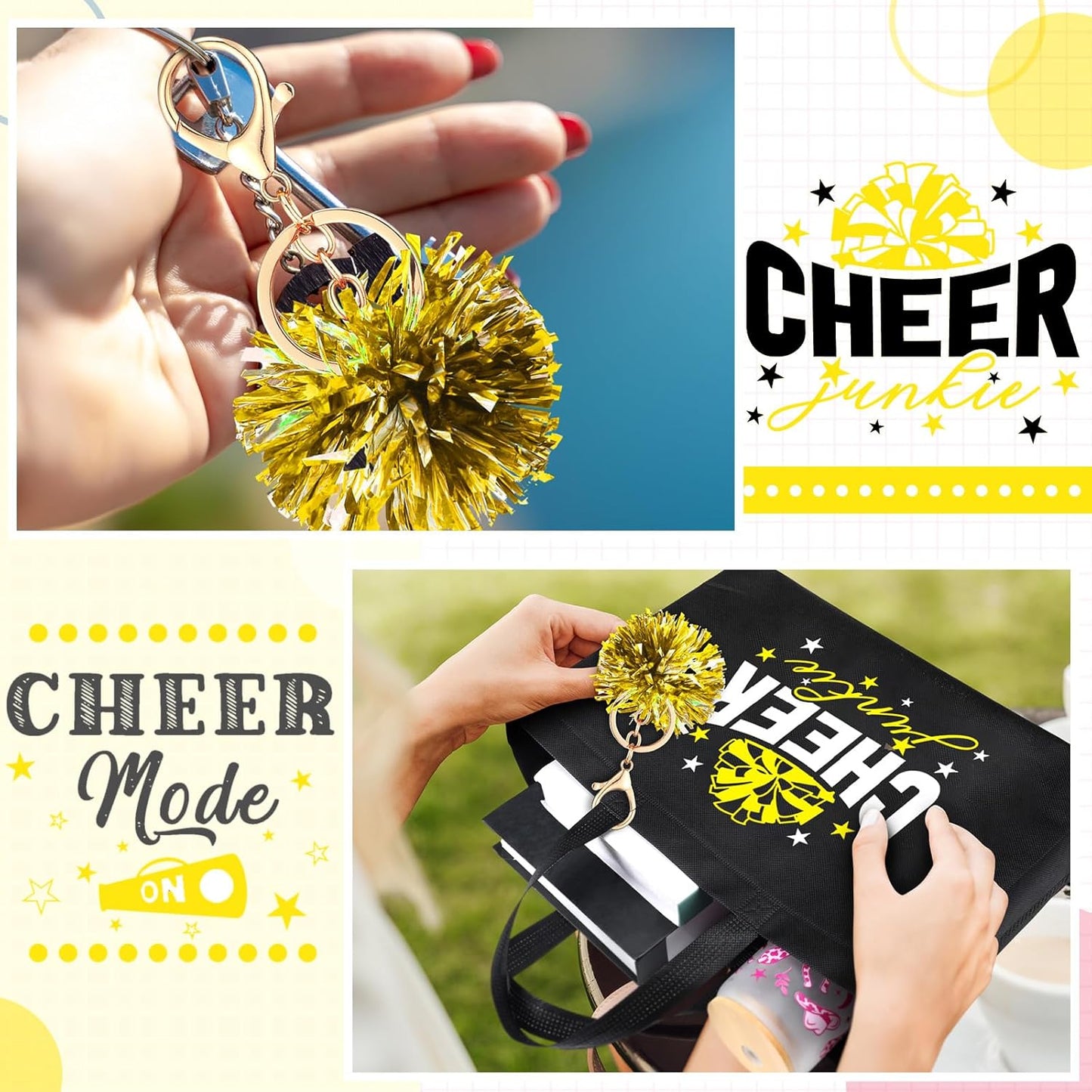 72 Pcs Yellow Cheerleading Gifts 24 Cheer Bags Portable 24 Pom Pom Keychain 24 Cheerleading Bracelet Canvas Makeup Bag Bulk Cheer Gifts Female Teammates Toiletries Accessories