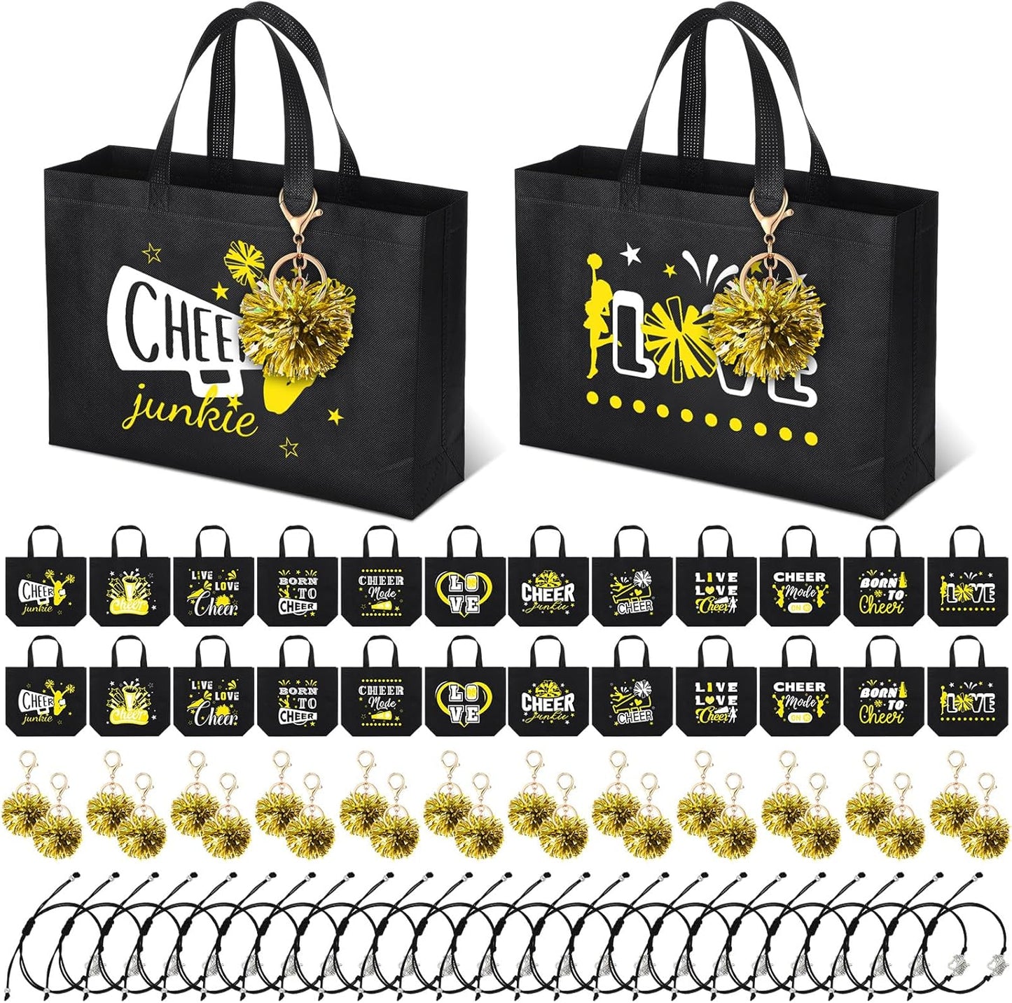 72 Pcs Yellow Cheerleading Gifts 24 Cheer Bags Portable 24 Pom Pom Keychain 24 Cheerleading Bracelet Canvas Makeup Bag Bulk Cheer Gifts Female Teammates Toiletries Accessories