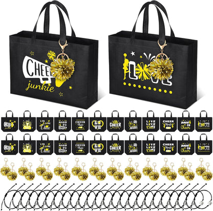 72 Pcs Yellow Cheerleading Gifts 24 Cheer Bags Portable 24 Pom Pom Keychain 24 Cheerleading Bracelet Canvas Makeup Bag Bulk Cheer Gifts Female Teammates Toiletries Accessories