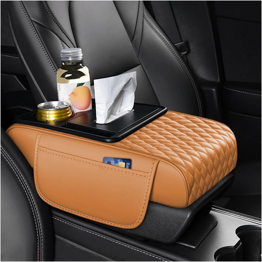 5-in-1 Car Center Console Cover, Multifunctional Vehicle Armrest Box Mat with 2 Storage Bags Tissue Box Cup Holder Phone Slot, Automotive Arm Rest Cover, Universal Fit (Orange Yellow)