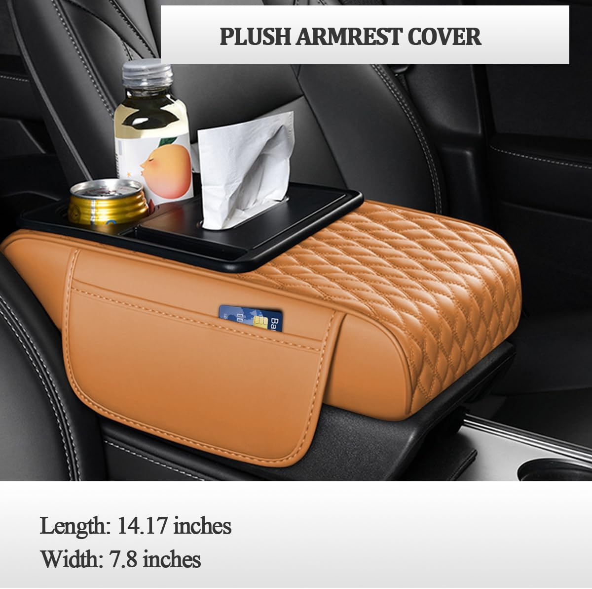 5-in-1 Car Center Console Cover, Multifunctional Vehicle Armrest Box Mat with 2 Storage Bags Tissue Box Cup Holder Phone Slot, Automotive Arm Rest Cover, Universal Fit (Orange Yellow)