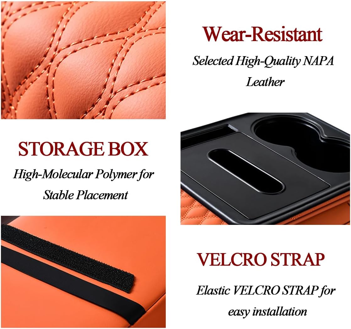 5-in-1 Car Center Console Cover, Multifunctional Vehicle Armrest Box Mat with 2 Storage Bags Tissue Box Cup Holder Phone Slot, Automotive Arm Rest Cover, Universal Fit (Orange Yellow)