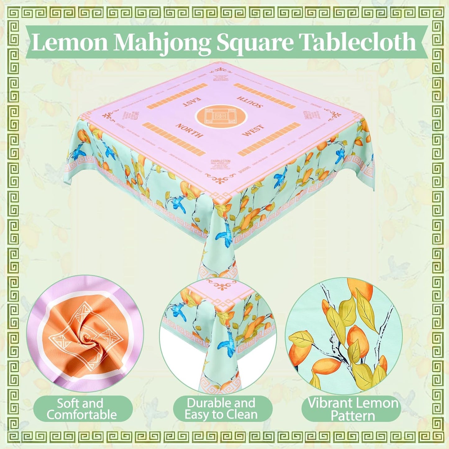 55 x 55 in Mahjong Tablecloth, Lemon Card Table Mat, Multi Purpose Game Table Cover, Mahjong Party Decorations for Beginners, Lovers, Card, Board Tile Games, Poker, Dominoes (Yellow)
