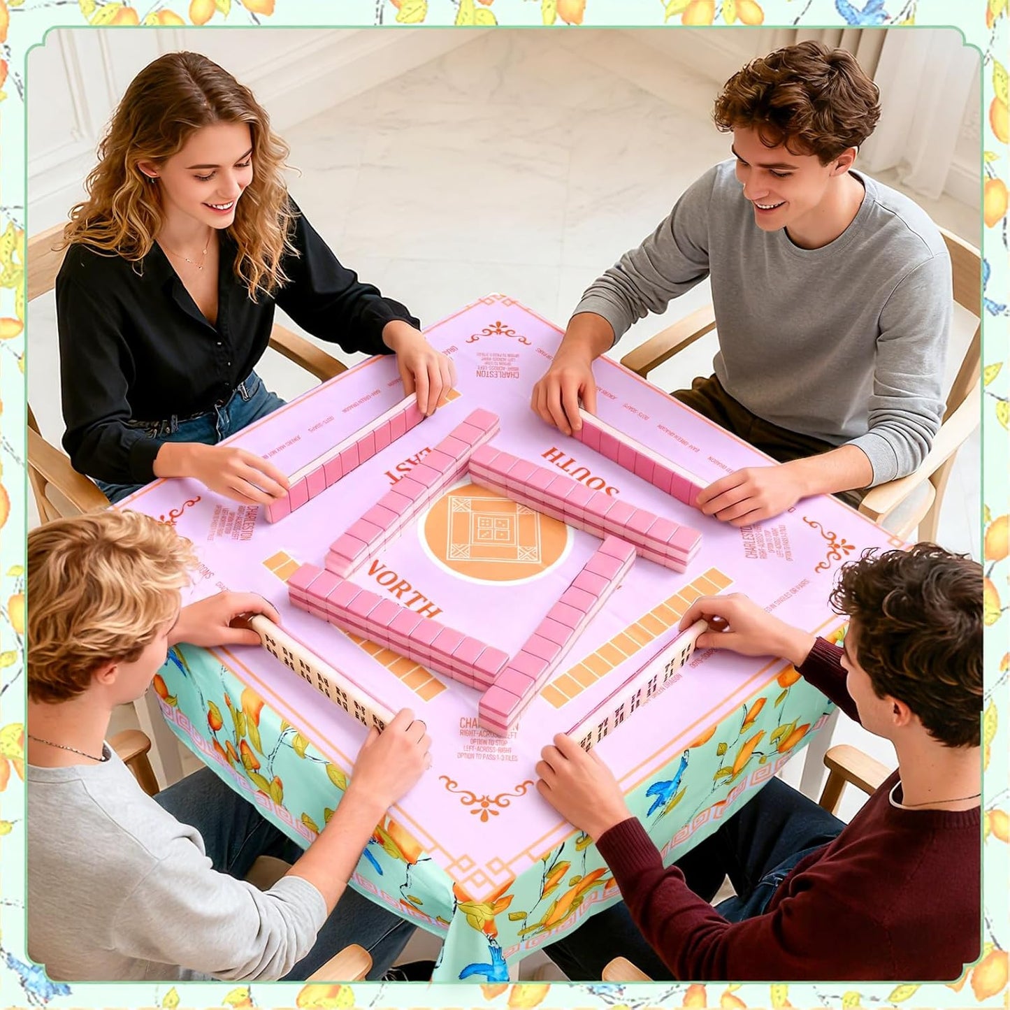 55 x 55 in Mahjong Tablecloth, Lemon Card Table Mat, Multi Purpose Game Table Cover, Mahjong Party Decorations for Beginners, Lovers, Card, Board Tile Games, Poker, Dominoes (Yellow)