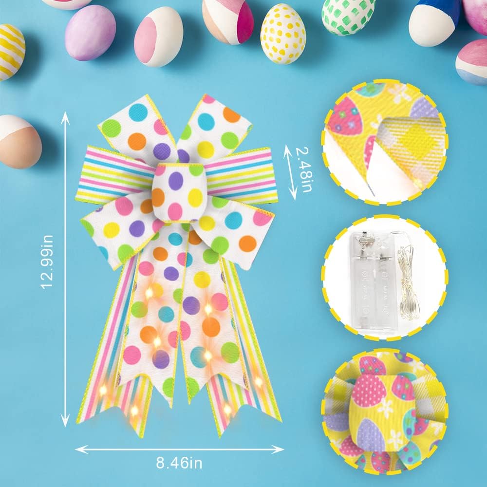 2 PCS LED Easter Bows for Wreath, Happy Easter Wreath Bows with LED Light White Yellow Burlap Ribbon Bow LED Holiday Spring Dots Gift Bows for Front Door Easter Party Decorations Supplies