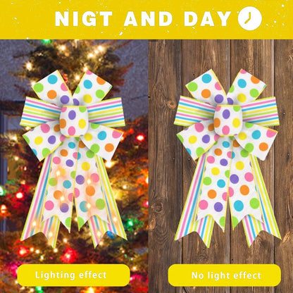 2 PCS LED Easter Bows for Wreath, Happy Easter Wreath Bows with LED Light White Yellow Burlap Ribbon Bow LED Holiday Spring Dots Gift Bows for Front Door Easter Party Decorations Supplies