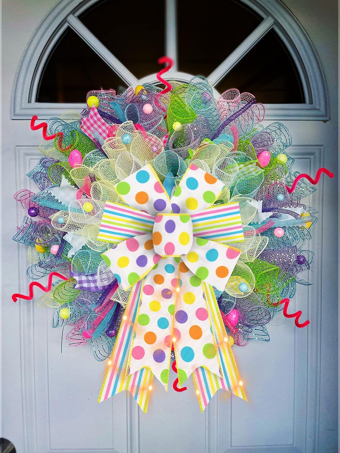 2 PCS LED Easter Bows for Wreath, Happy Easter Wreath Bows with LED Light White Yellow Burlap Ribbon Bow LED Holiday Spring Dots Gift Bows for Front Door Easter Party Decorations Supplies