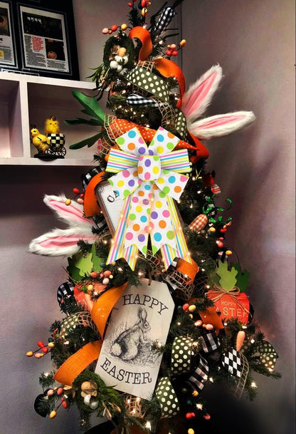 2 PCS LED Easter Bows for Wreath, Happy Easter Wreath Bows with LED Light White Yellow Burlap Ribbon Bow LED Holiday Spring Dots Gift Bows for Front Door Easter Party Decorations Supplies