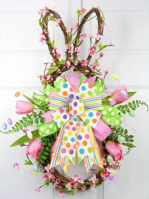 2 PCS LED Easter Bows for Wreath, Happy Easter Wreath Bows with LED Light White Yellow Burlap Ribbon Bow LED Holiday Spring Dots Gift Bows for Front Door Easter Party Decorations Supplies