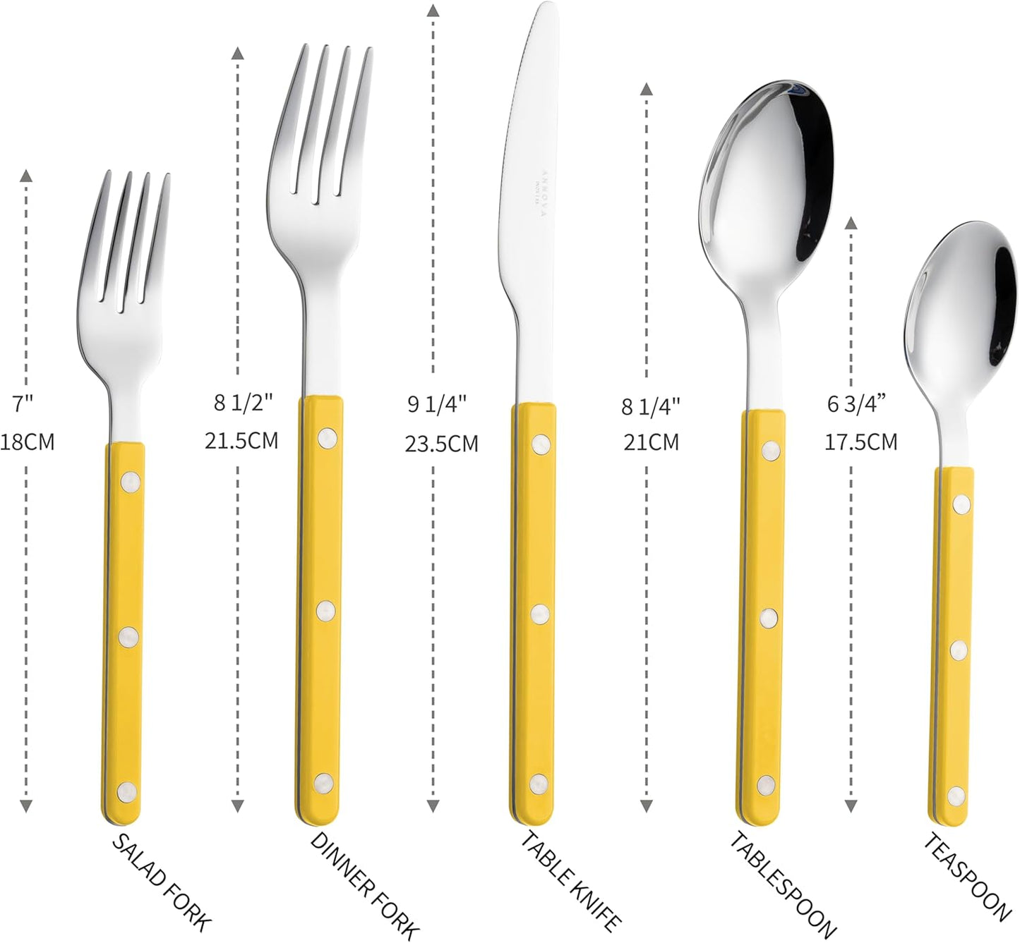 ANNOVA Silverware Set, Retro/Rivet Colorful Stainless Steel Tableware Kitchen Flatware Set Utensils, Includes Dinner Knives, Forks, Spoons, Salad Forks & Dessert Spoons (Yellow, 10 Pieces)