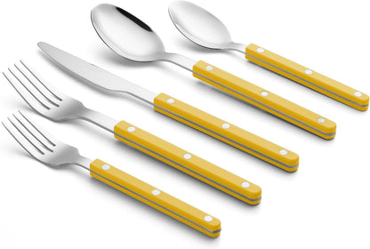 ANNOVA Silverware Set, Retro/Rivet Colorful Stainless Steel Tableware Kitchen Flatware Set Utensils, Includes Dinner Knives, Forks, Spoons, Salad Forks & Dessert Spoons (Yellow, 10 Pieces)