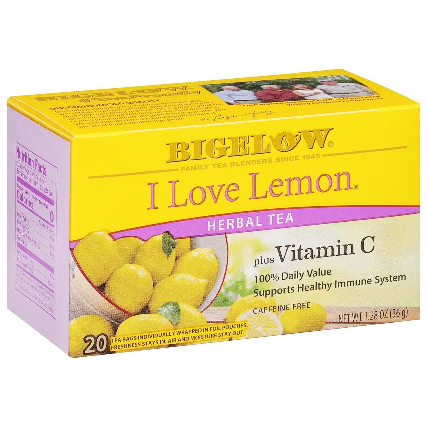 Tea I Love Lemon with Vitamin C Herbal Tea, Caffeine Free Tea , 20 Count Box (Pack of 6), 120 Total Tea Bags