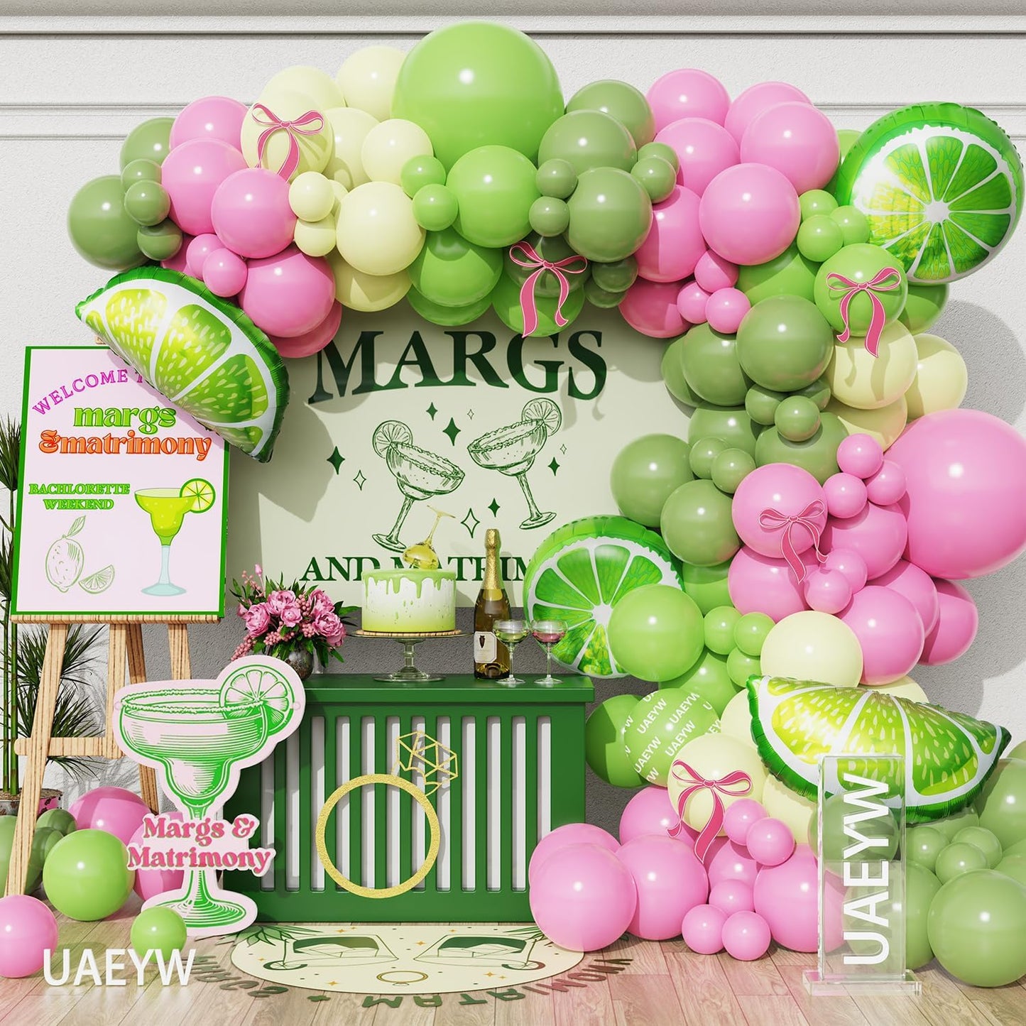 Margs And Matrimony Bachelorette Party Decor,148Pcs Margarita Balloon Arch | Pink Green Yellow Balloon, Lime Lemon Foil Balloons, Martini Themed Birthday, Wedding, Bridal Shower Bach Party