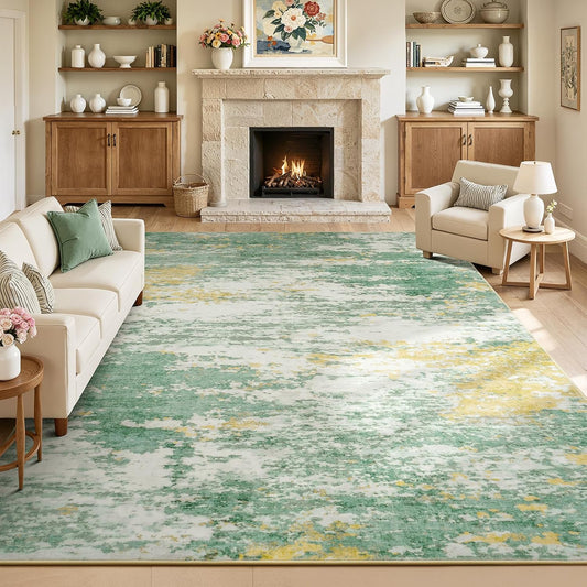 8x10 Area Rug for Living Room,Abstract Large Rugs with Non-Slip Backing, Neutral Modern Washable Carpet for Bedroom Dining Room Home Office Nursery Indoor, Light Green/Yellow