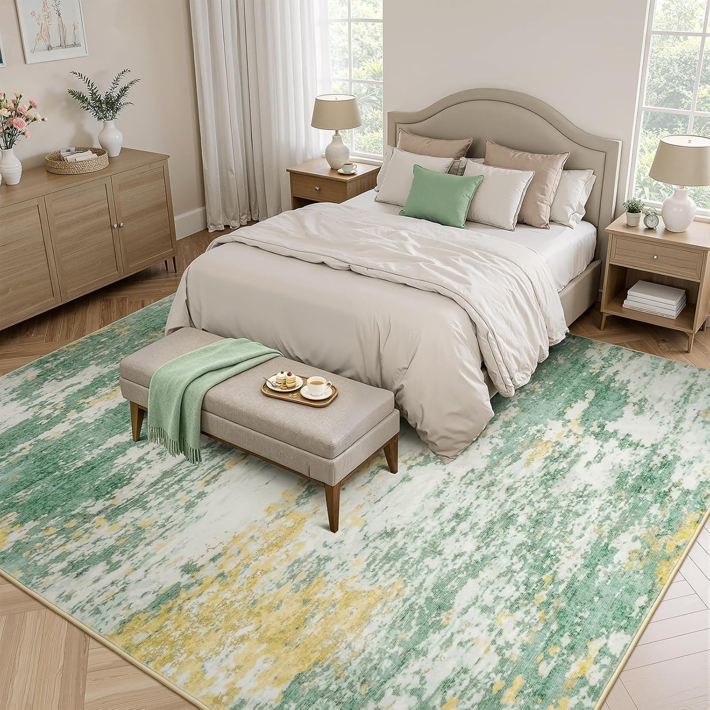8x10 Area Rug for Living Room,Abstract Large Rugs with Non-Slip Backing, Neutral Modern Washable Carpet for Bedroom Dining Room Home Office Nursery Indoor, Light Green/Yellow