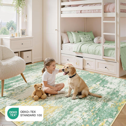 8x10 Area Rug for Living Room,Abstract Large Rugs with Non-Slip Backing, Neutral Modern Washable Carpet for Bedroom Dining Room Home Office Nursery Indoor, Light Green/Yellow