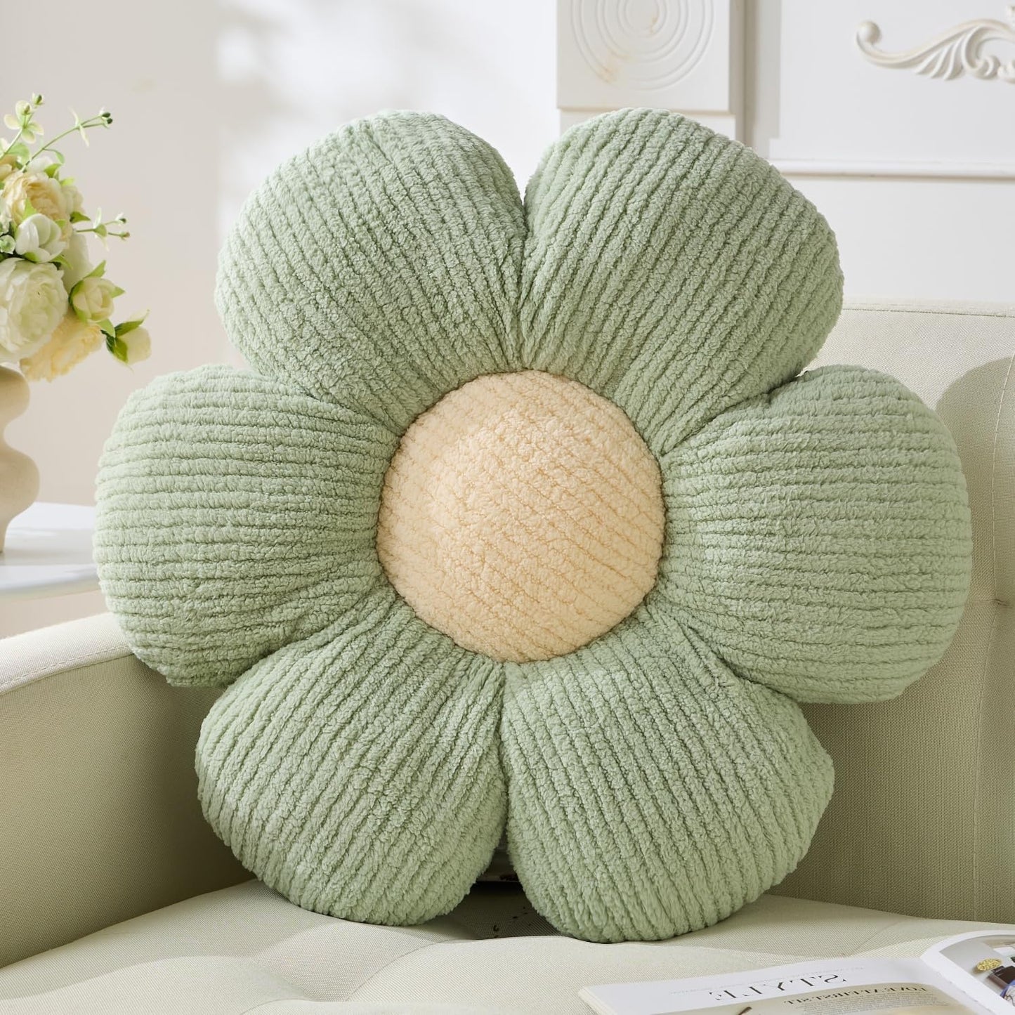 Flower Pillow,19.6" Daisy Pillow Sage Green Throw Pillows | Decorative Pillows,Fleece,PP Cotton Filling,Flower Shaped,Seating Cushion,for Sofa Couch Bed,Spring Cute Home Decor
