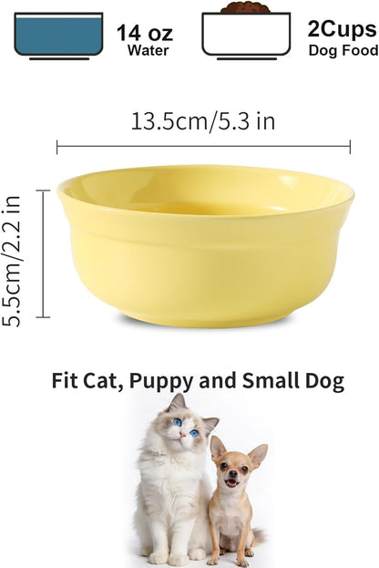 5.3 Inch Yellow Ceramic Small Dog Bowl Sets - Porcelain Wide Mouth Cat Food or Water Bowls, Cute Feeding Bowls for Indoor Small Size Dog, for Wet or Dry Food