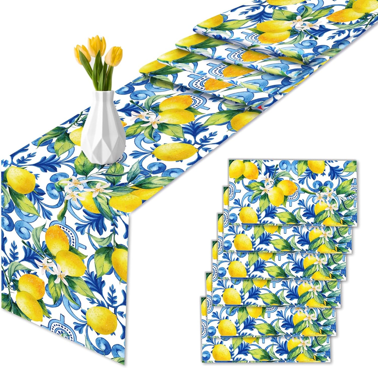 6Pcs Blue Lemon Table Runner Disposable Plastic Table Runner Italian Decor for Summer Spring Birthday Wedding Bridal Shower Holiday Kitchen Decoration,108x14In