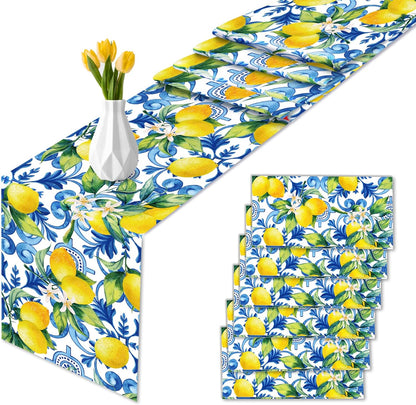 6Pcs Blue Lemon Table Runner Disposable Plastic Table Runner Italian Decor for Summer Spring Birthday Wedding Bridal Shower Holiday Kitchen Decoration,108x14In
