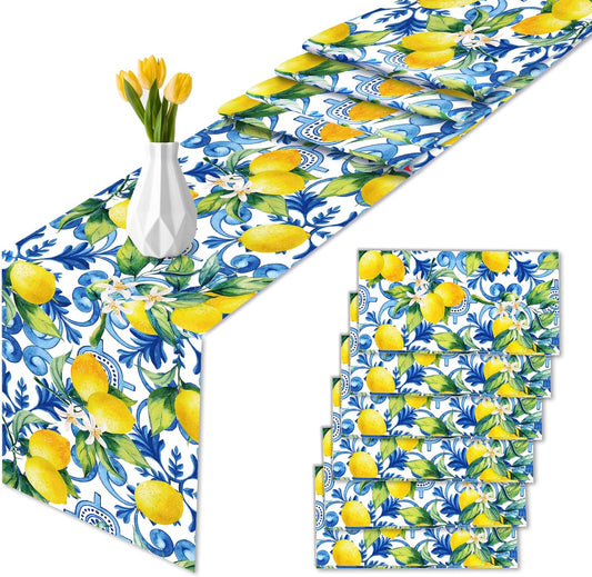 6Pcs Blue Lemon Table Runner Disposable Plastic Table Runner Italian Decor for Summer Spring Birthday Wedding Bridal Shower Holiday Kitchen Decoration,108x14In