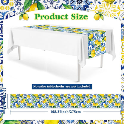 6Pcs Blue Lemon Table Runner Disposable Plastic Table Runner Italian Decor for Summer Spring Birthday Wedding Bridal Shower Holiday Kitchen Decoration,108x14In