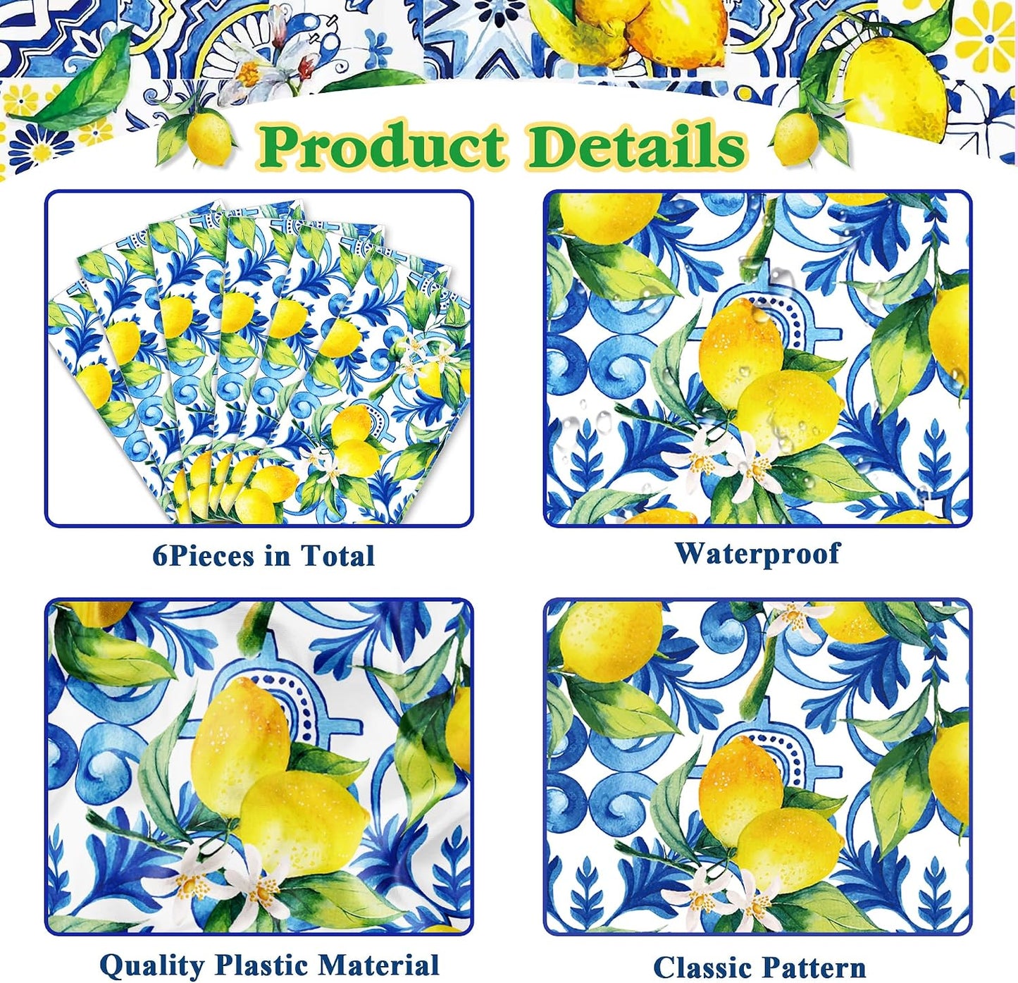 6Pcs Blue Lemon Table Runner Disposable Plastic Table Runner Italian Decor for Summer Spring Birthday Wedding Bridal Shower Holiday Kitchen Decoration,108x14In