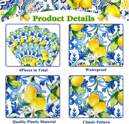 6Pcs Blue Lemon Table Runner Disposable Plastic Table Runner Italian Decor for Summer Spring Birthday Wedding Bridal Shower Holiday Kitchen Decoration,108x14In