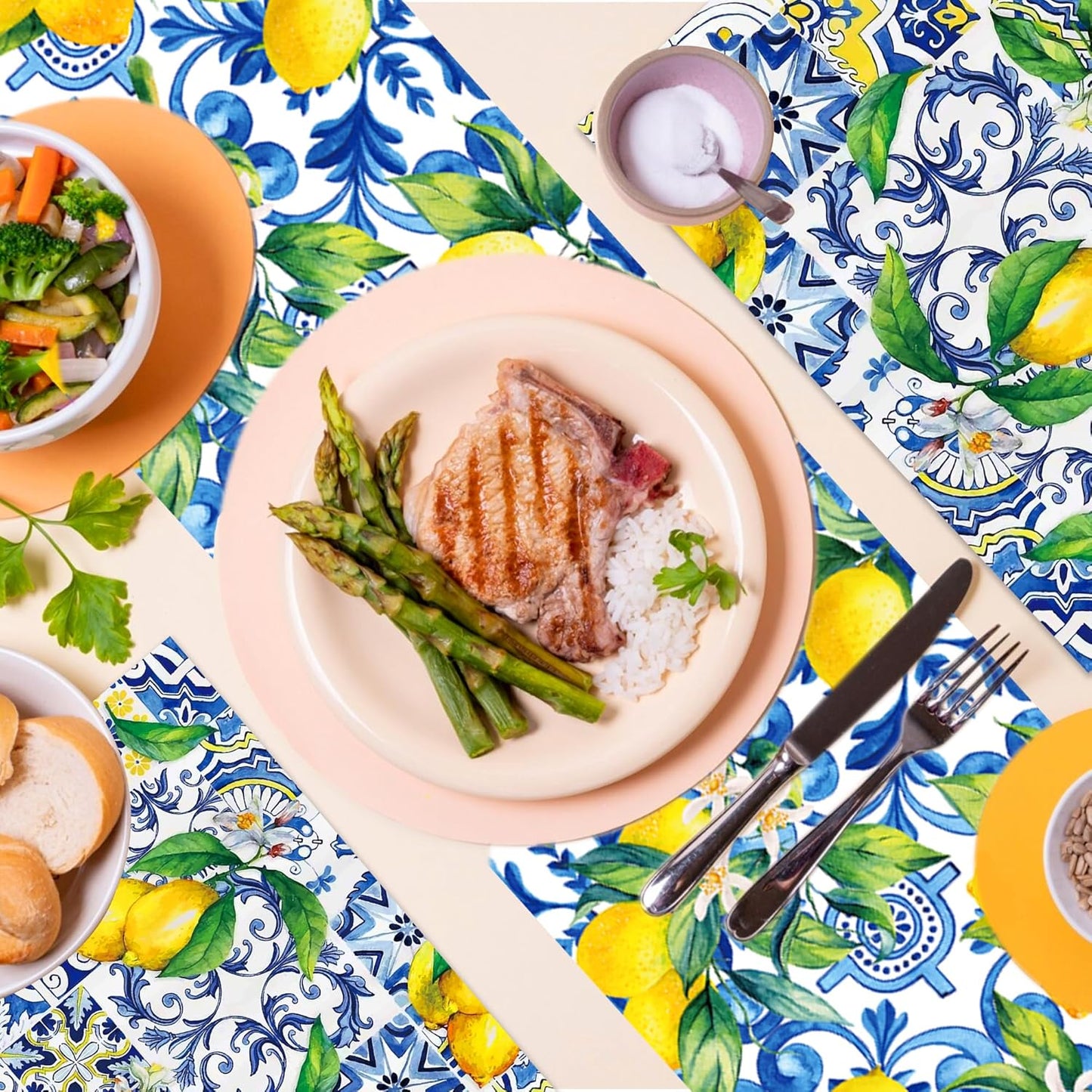 6Pcs Blue Lemon Table Runner Disposable Plastic Table Runner Italian Decor for Summer Spring Birthday Wedding Bridal Shower Holiday Kitchen Decoration,108x14In