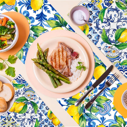 6Pcs Blue Lemon Table Runner Disposable Plastic Table Runner Italian Decor for Summer Spring Birthday Wedding Bridal Shower Holiday Kitchen Decoration,108x14In