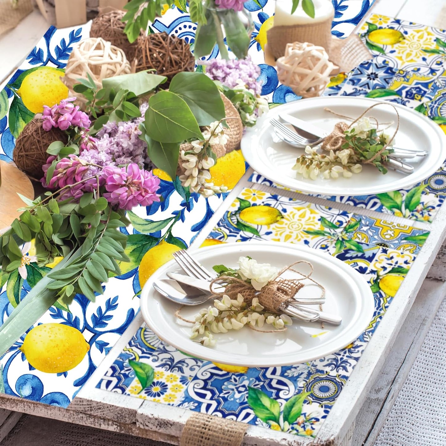 6Pcs Blue Lemon Table Runner Disposable Plastic Table Runner Italian Decor for Summer Spring Birthday Wedding Bridal Shower Holiday Kitchen Decoration,108x14In