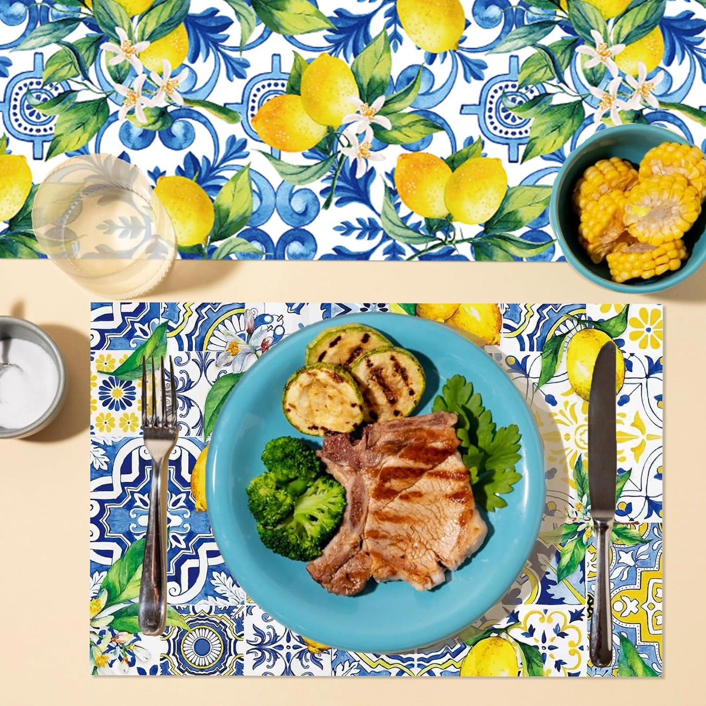 6Pcs Blue Lemon Table Runner Disposable Plastic Table Runner Italian Decor for Summer Spring Birthday Wedding Bridal Shower Holiday Kitchen Decoration,108x14In