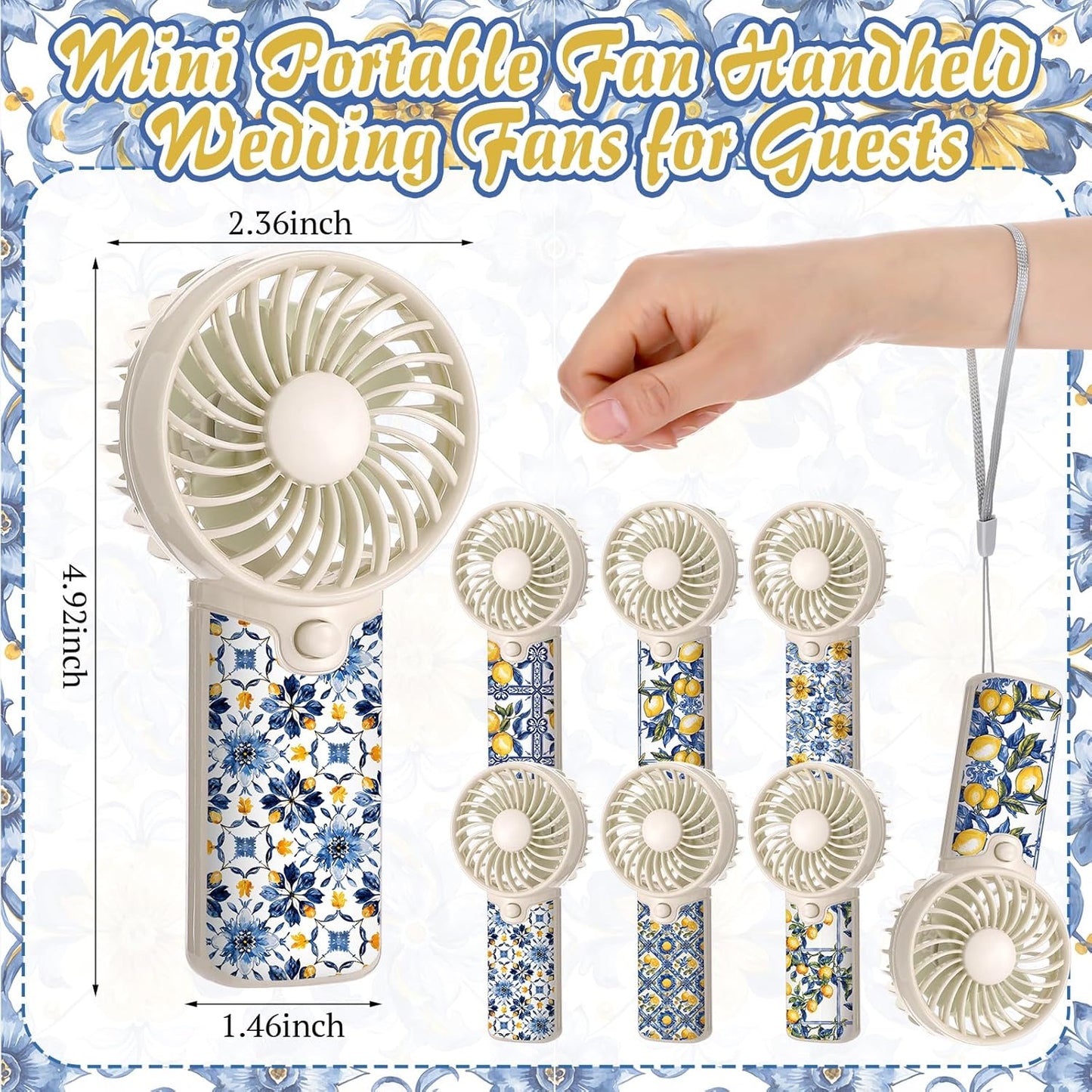 24 Pcs Capri Lemon Party Decoration, Mini Portable Handheld Fans with Lanyard Amalfi Coast Party Favor Lemon Gift Bags Stuffers for Wedding Bridal Baby Shower Guests, Battery Not Included