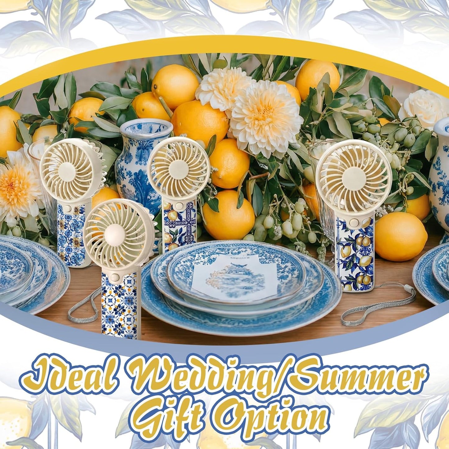 24 Pcs Capri Lemon Party Decoration, Mini Portable Handheld Fans with Lanyard Amalfi Coast Party Favor Lemon Gift Bags Stuffers for Wedding Bridal Baby Shower Guests, Battery Not Included