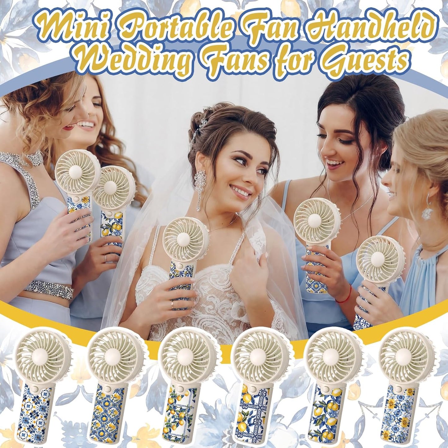 24 Pcs Capri Lemon Party Decoration, Mini Portable Handheld Fans with Lanyard Amalfi Coast Party Favor Lemon Gift Bags Stuffers for Wedding Bridal Baby Shower Guests, Battery Not Included
